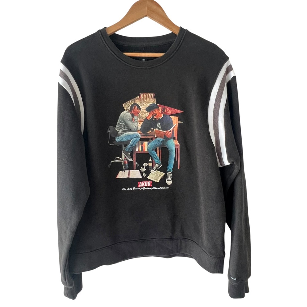 AKOO Mens XXL Black Graphic Varsity Stripe Crewneck Sweatshirt Streetwear Urban